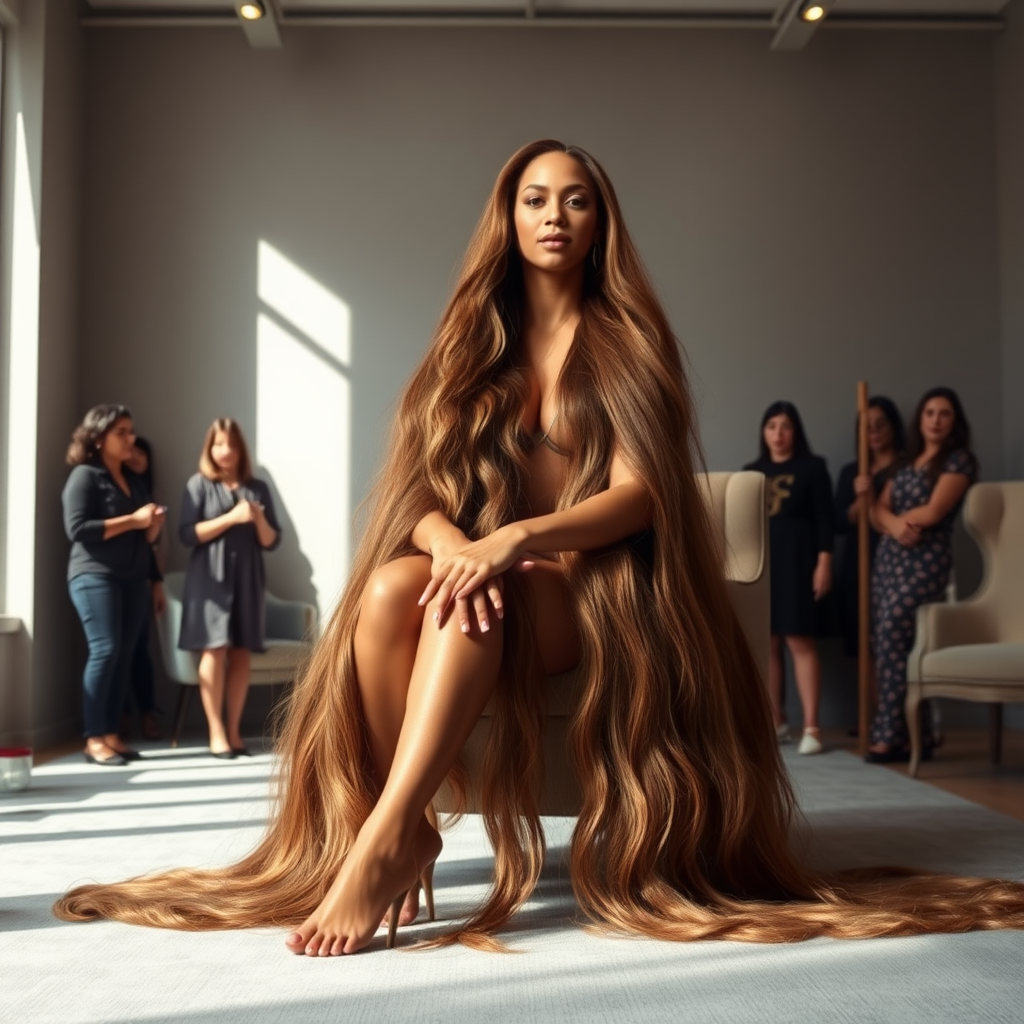 In an elegant, sunlit salon, adorned with soft, minimalistic decor, the stunning Beyoncé sits gracefully in a plush chair, her incredibly long, luxurious hair cascading like a flowing waterfall of silk down her shoulders and past her waist. The gentle glow of overhead lights highlights the rich, deep hues of her hair, each strand reflecting the brilliance of the space around her.

As an interactive long hair fetish performance art exhibit unfolds, curious visitors gather around, their eyes alight with fascination and excitement. Some eagerly reach out, gently grasping her hair between their fingers, feeling the smooth texture slip through their hands, while others playfully tug at it, testing the boundaries of their interactions. Each movement is accompanied by a symphony of soft gasps and murmurs of appreciation, enhancing the atmosphere of intimacy and connection.

The background is a simple, unobtrusive gray, allowing the artistry of the moment to take center stage. The air is charged with a sense of wonder and exploration, as visitors not only admire Beyoncé's hair but also engage in this tactile experience, deepening their understanding of the artistry behind her presence. Her expression is a mixture of serenity and playful engagement, reflecting her comfort and trust in this unique performance, ultimately creating a captivating scene where art and audience intertwine seamlessly.