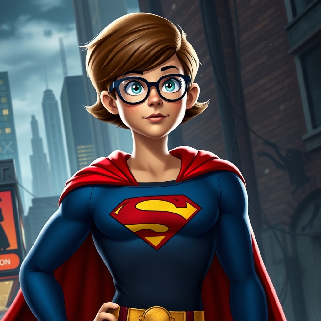 Create a hyper-realistic full-length rendered image of a hybrid character, blending Velma Dinkley's head and hair with Superman's muscular body. Retain Velma's iconic glasses and outfit, adjusting the costume for a seamless fit with the new proportions. Design a detailed background inspired by both the Mystery Inc. universe and Metropolis, featuring a bustling cityscape with shadowy hints of mystery, like ghostly figures or hidden monsters. The scene should be rich in texture and color, capturing the adventurous spirit of both characters while highlighting their distinct features in a lifelike manner.