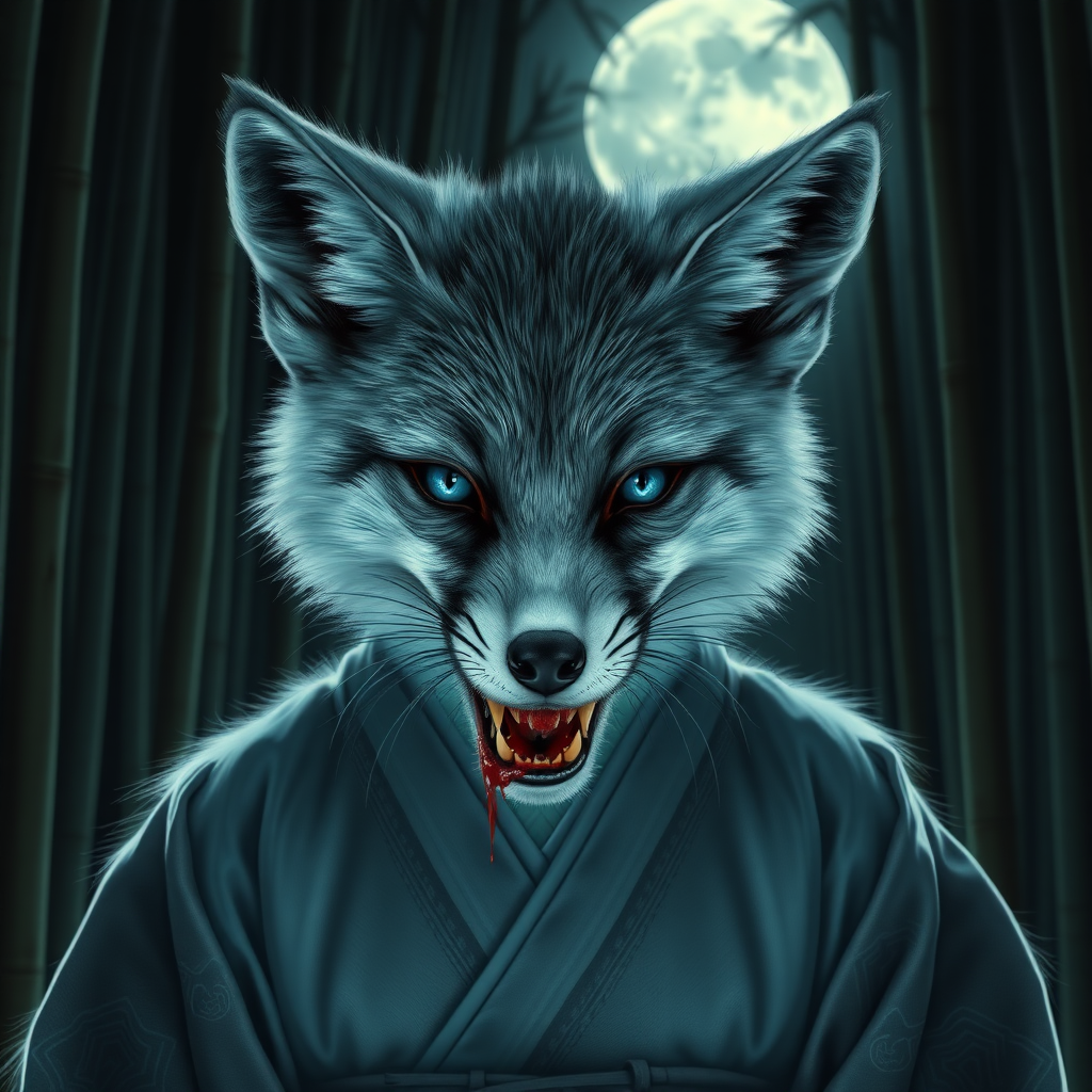 a eerie-looking silver fox with blue eyes in a female Korean big-breasted hanbok with bared teeth with blood on the fox teeth, in front of the full moon in a bamboo forest