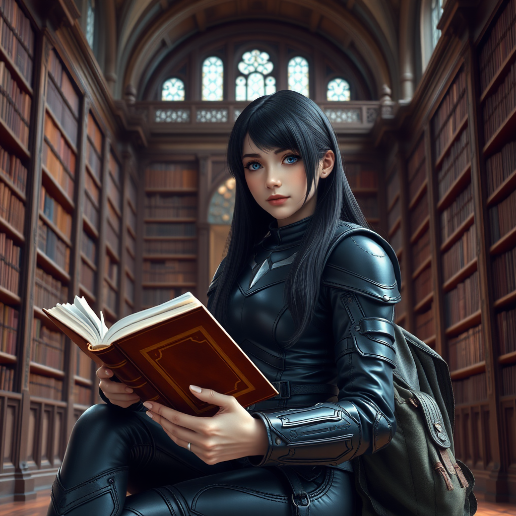 beautiful young woman, dark hair past her shoulders, blue eyes, small, slim figure, wearing full leather armor suit, sitting, reading book, a sandwich and backpack, in a grand old library.