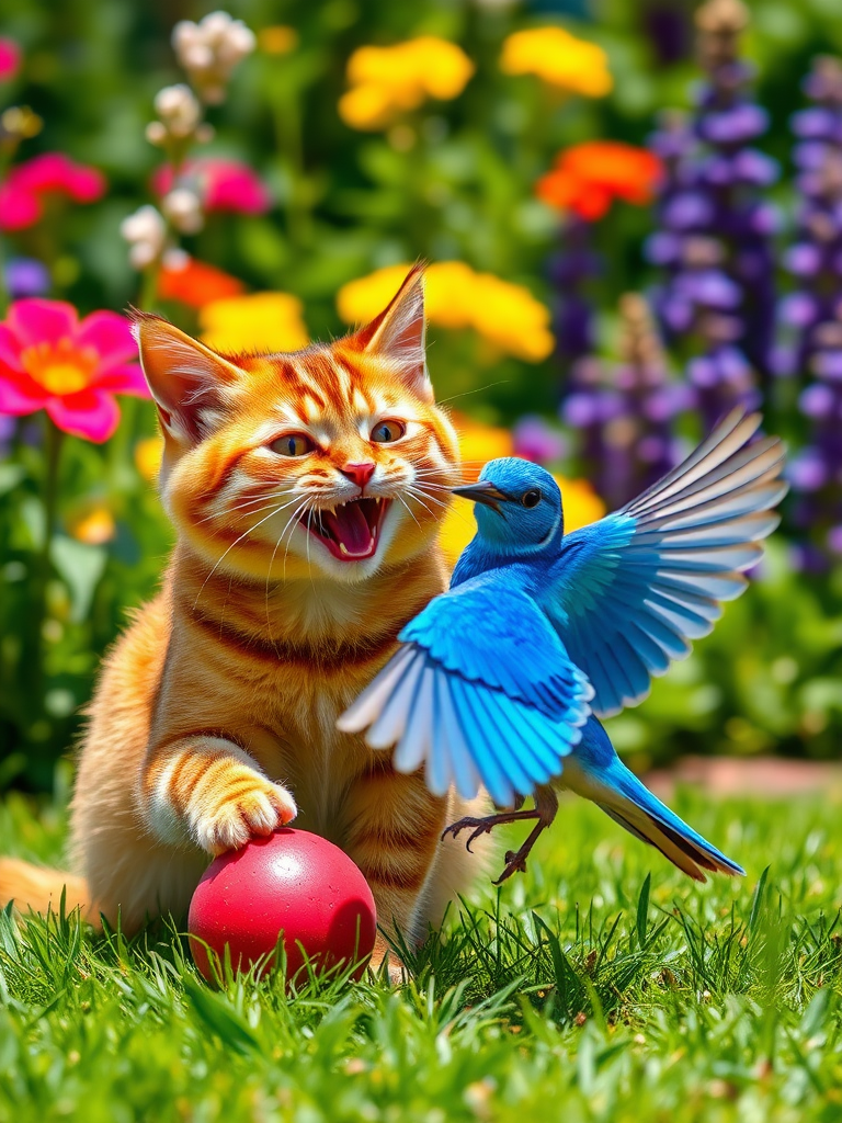 A realistic 4K scene of a Brown Cat and a Blue Bird happily playing with a ball together in a sunny garden. The cat is playfully batting the ball while the bird flutters nearby, both displaying joyful expressions. The colorful flowers and lush greenery in the background enhance the cheerful atmosphere of their playful reunion.