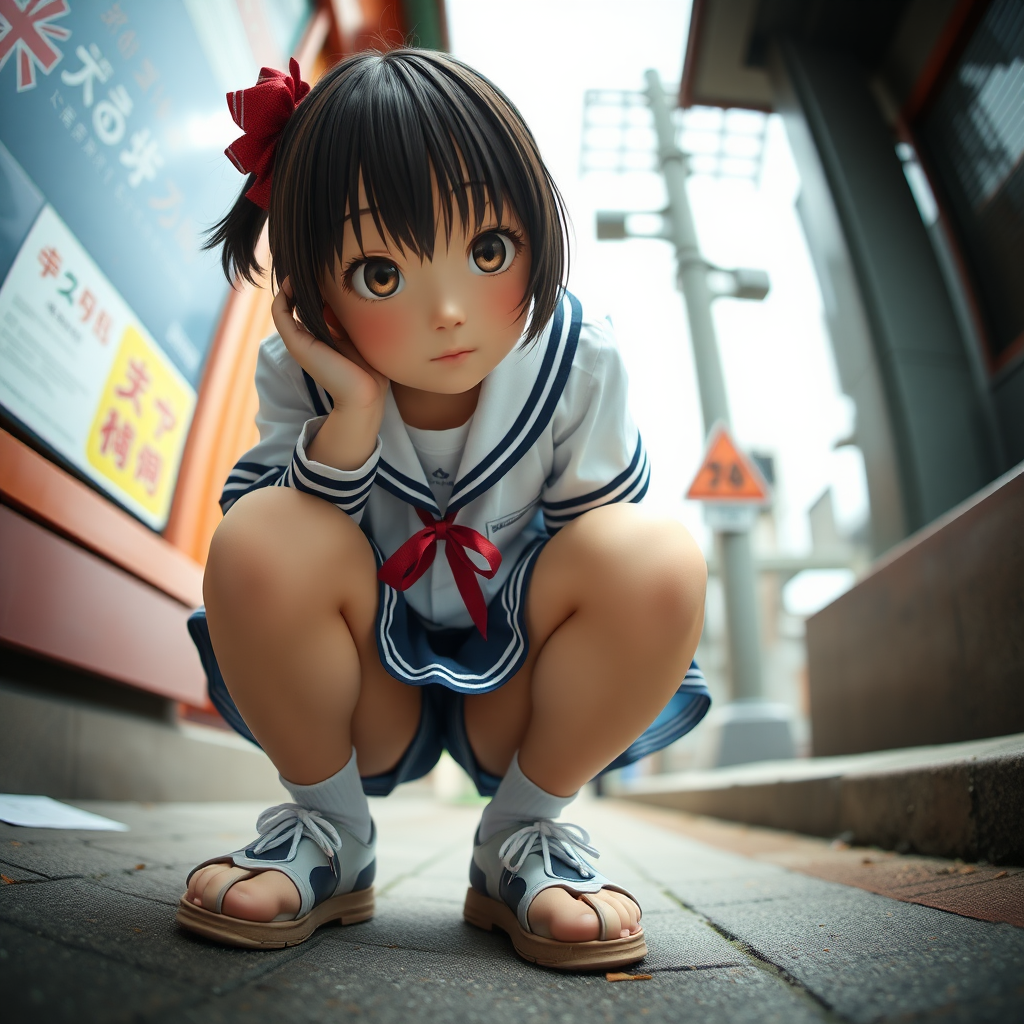 photo low angle POV full body view cute Japanese teen squatting wearing seifuku uniform looking down at viewer