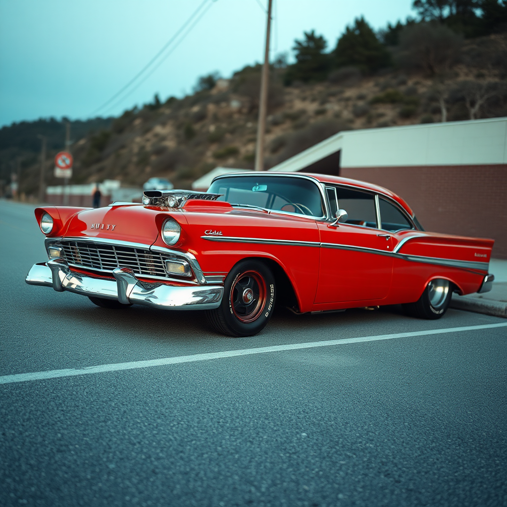 the drag car is parked on the side of the road, inspired by Taiyō Matsumoto, tumblr, restomod, nd4, c4 metallic shine classic american low rider ford