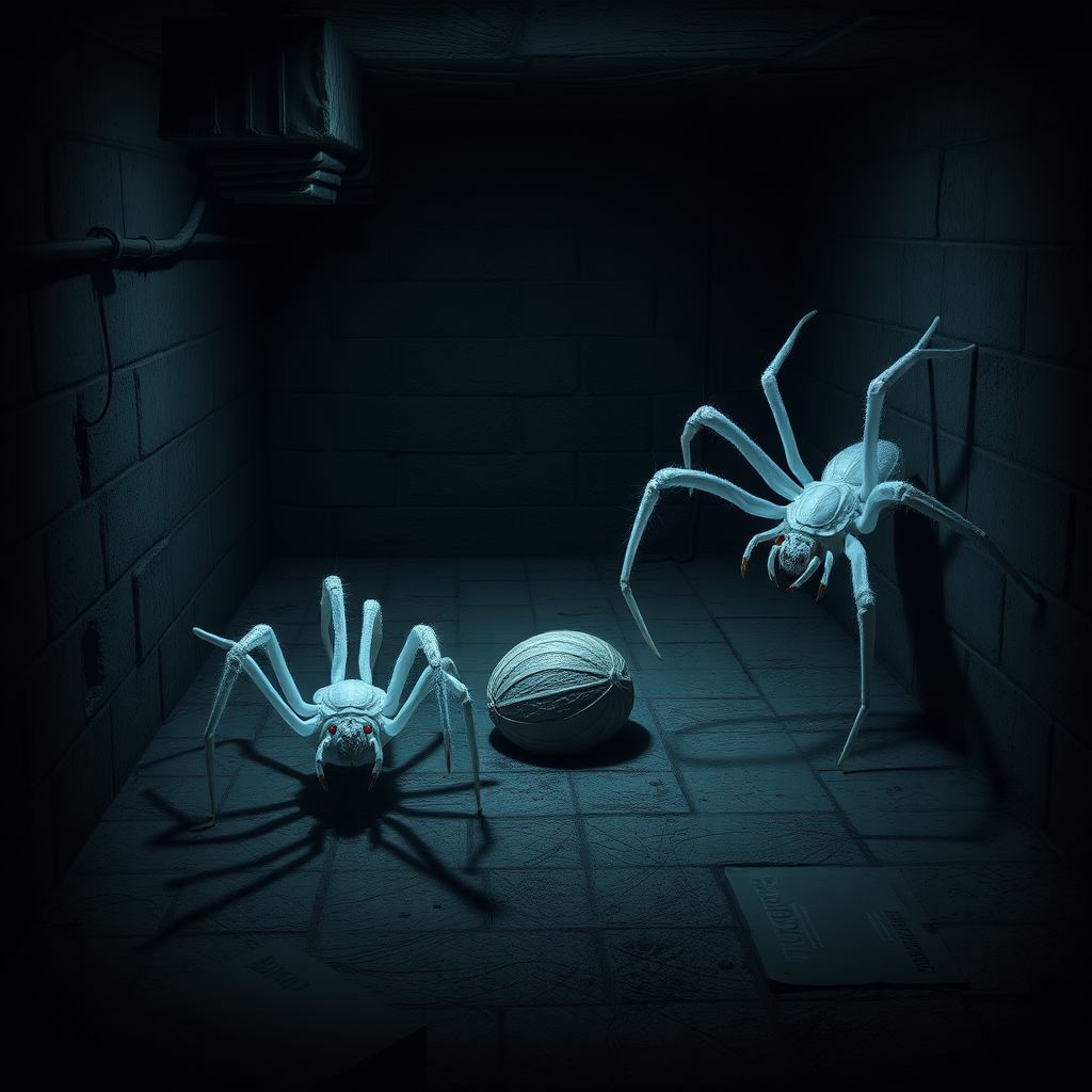 A dark basement cellar with two large white spiders with red highlights crawling around and a cocooned body in the center of the floor.