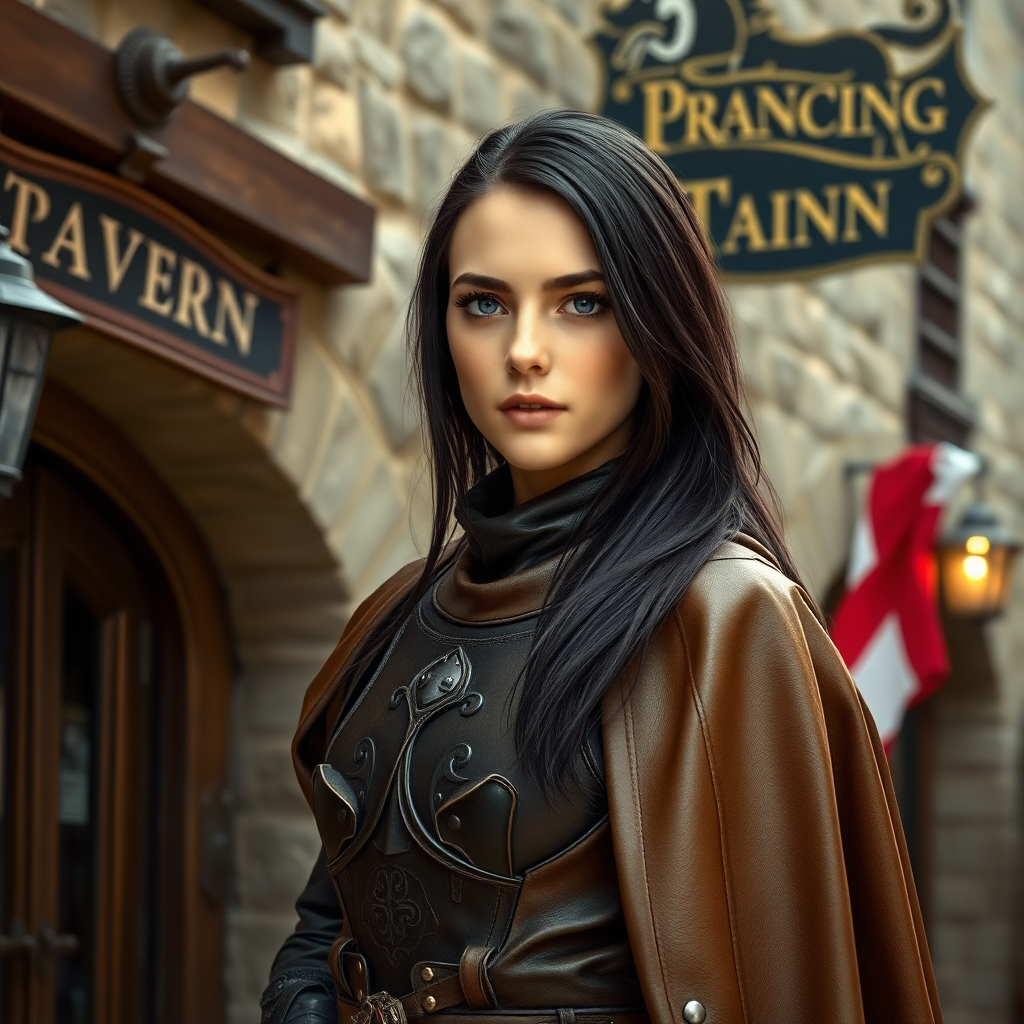 beautiful young woman, dark hair past her shoulders, blue eyes, small, slim figure, wearing full leather armor suit, long cloak, standing next to medieval tavern with sign: "Prancing Pony".