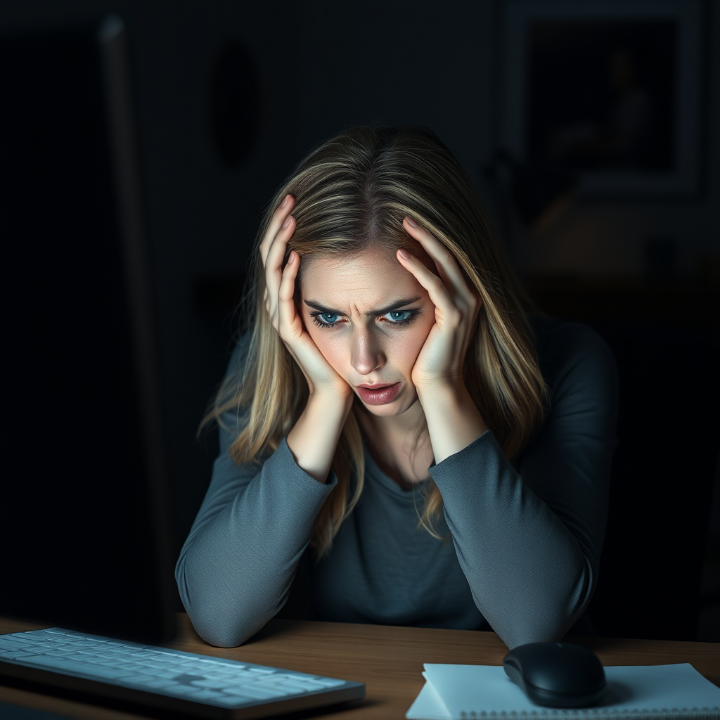 Create a detailed photo realistic scene of a desperate young nice bright blonde girl sitting in front of a computer. Her posture should reflect frustration, with her hands either on her face or gripping her head. Her surroundings are a typical home or office workspace, with dim lighting adding to the tense and stressful mood. The computer screen could show error messages, glitches, or something causing her distress. The woman’s expression should be a mix of anxiety, exhaustion, and very despair and sad and very angry with subtle attention to facial details like furrowed brows or clenched jaws.