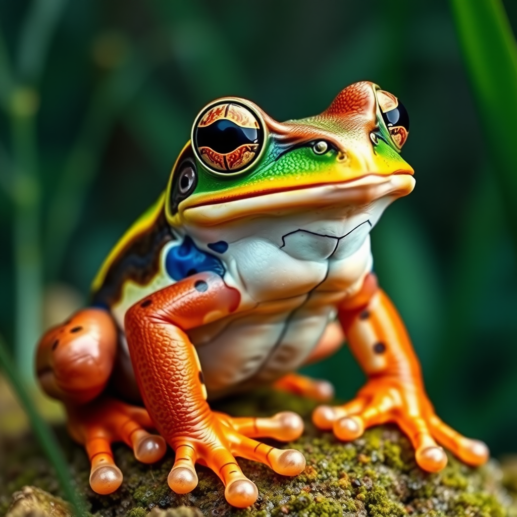 Create a full-length highly detailed image of a frog with an intricate body structure resembling that of a horsefly. The scene should capture the unique blend of features, showcasing the frog's vibrant colors and textures while highlighting its horsefly-shaped body. Set in a natural habitat, the image should emulate the style of award-winning wildlife photography, focusing on sharp contrasts, natural lighting, and breathtaking detail in the eyes and skin patterns. The background should include lush vegetation, enhancing the surreal yet realistic appearance of this extraordinary creature.