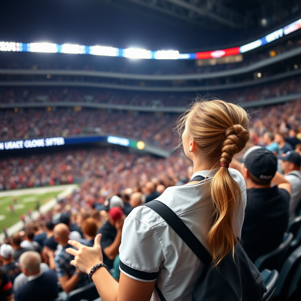 Attractive female NFL fan is cheering, pigtail hair, stadium bleacher row, crowded, bottom angle shot