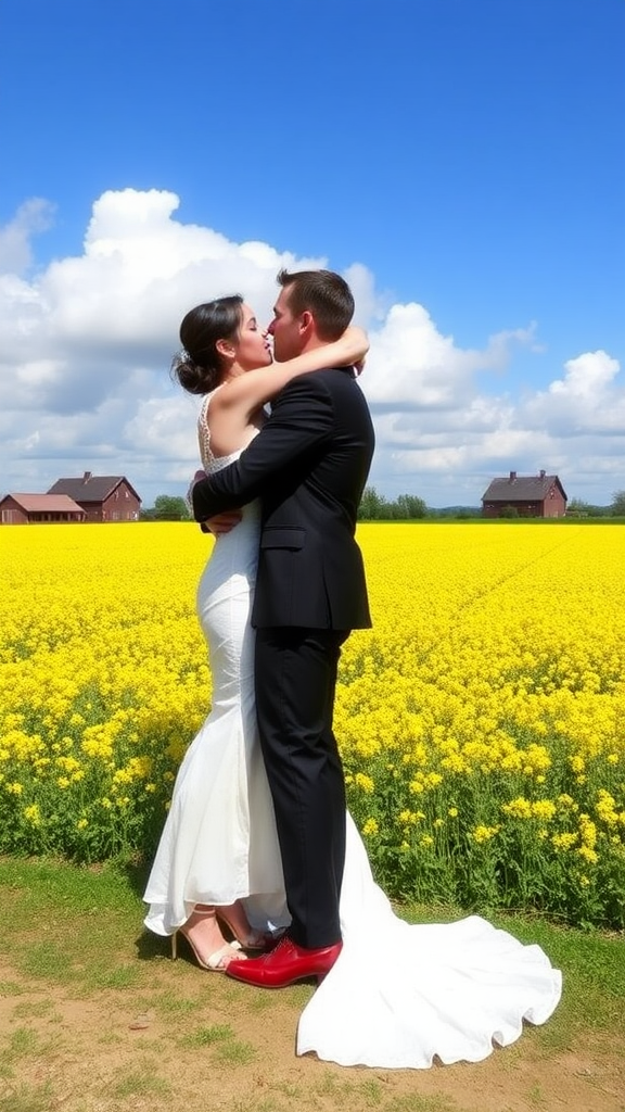 Bride and groom dressed elegantly, she in high heels and he in patent leather shoes, he passionately kisses the bride, in the background a large field of rapeseed, a farmhouse in the background, blue sky with white clouds.