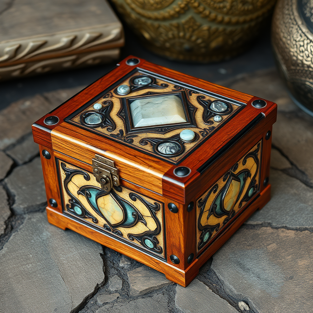 Decorative fantasy genre wooden box with stone inlay