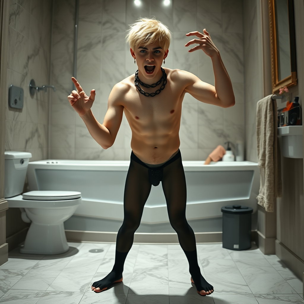 photorealistic, ultra high resolution, 16K, surreal fantasy, soft studio lighting, Caleb Swift is a pretty 16 year old goth male, slim male physique, blonde hair, blue eyes, goth makeup, earrings, sheer black pantyhose, spiky neck collar with chain, standing on the floor of the bathroom striking a pose as Michelangelo's "David" sculpture, excited mouth, bulging manhood, full body front view with Caleb facing the camera.