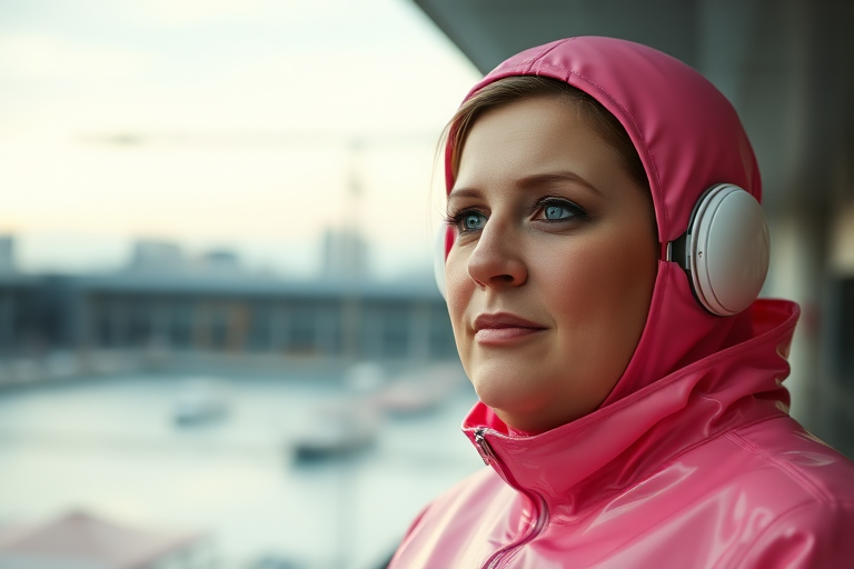 35 year old woman, fat face, pink pvc suit