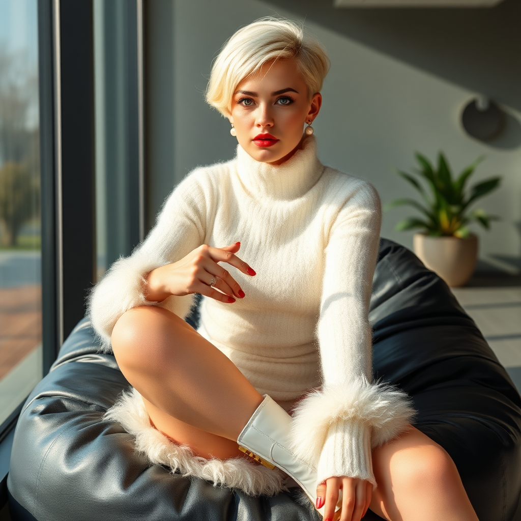 Sunny spring morning, modern glass-steel-concrete office, sitting on black leather beanbag at wall, waiting for the master: O., European 17 years old very convincing femboy “trophy-bimbo”, tamed servile docile, very beautiful feminine flawless face, rather short boyish figure, platinum blond short tight curls, bold red lips, heavily made-up face, long French nails, wearing Supertanya-style chunky fluffy very fuzzy bright white plushy mohair figure-hugging turtleneck-knitdress with wide tight fluffy hem and fluffy wrists, white vinyl anklet-boots with golden heels, mesh pantyhose, pearl earrings, serious, leaning forward presenting her assets, arrogantly looking at camera.