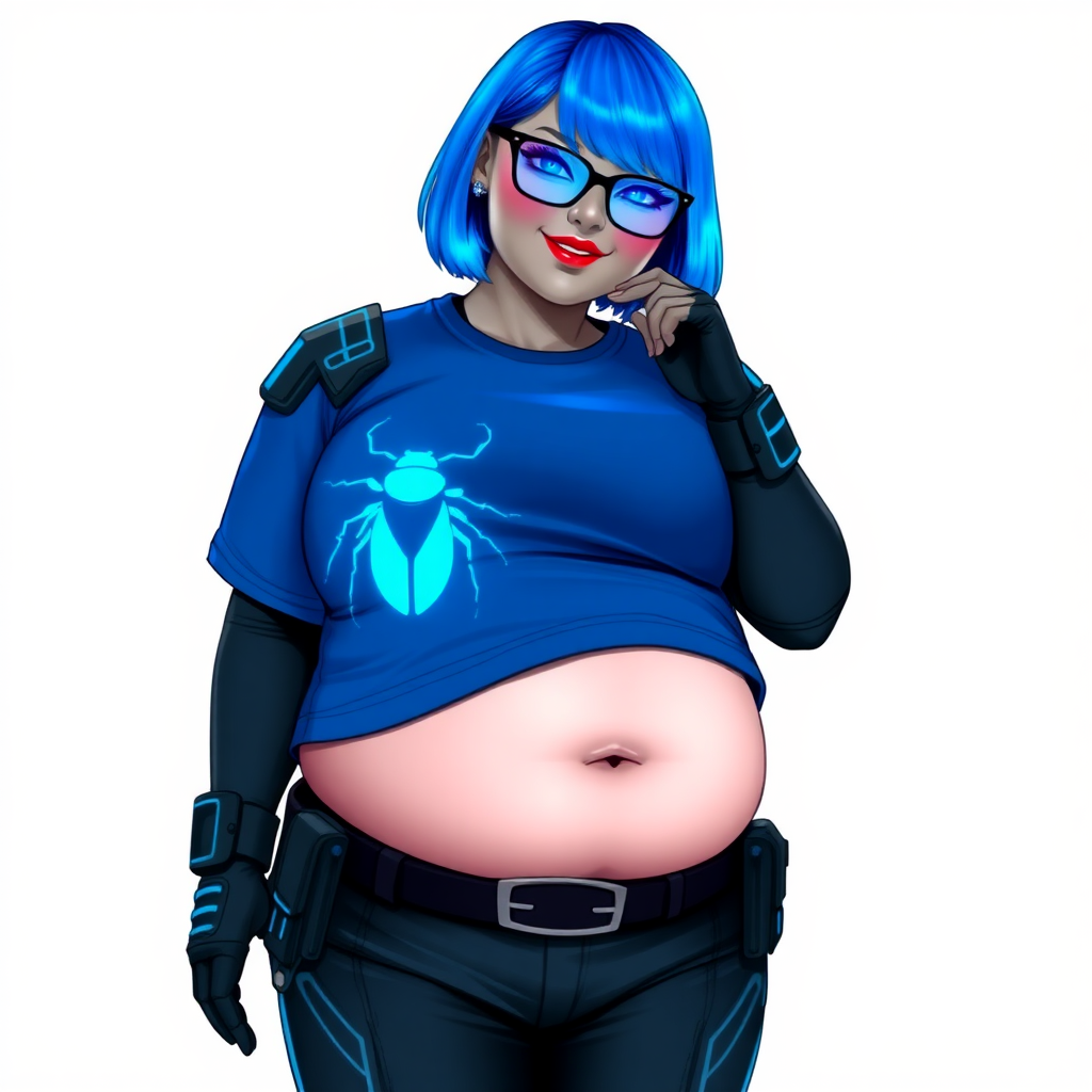 A 28-year-old, full-figured, metallic middle gray skinned computer program hybrid with a vibrant maximum blue bob cut. She has a non-athletic build, highlighted by a prominent, round, large midsection (fully emphasizing her round large belly) while being covered by her large t-shirt, reflecting her new junk food eating habits influenced by her boyfriend. As the full-figured, nerdy, digital sidekick to her cyberpunk vigilante boyfriend, her middle gray metallic skin and maximum blue lipstick underscore her digital essence. She dons a digital, computerized outfit: a large, tight-fitting, high-tech, maximum blue t-shirt with neon blue glowing beetle themed accents complete by a giant neon blue glowing beetle icon on the chest, hi-tech shoulder pads with neon blue accents, a black hi-tech belt with a digital sapphire beetle buckle, digital maximum blue pants with neon blue accents, and black hi-tech gloves with neon blue glowing accents. Her neon blue glowing eyes, black eyeglasses with neon blue lenses equipped with a built-in HUD, and shy smile with neon red blush highlight her nerdiness. She stands bashfully with one hand behind her back and the other gently touching her cheek, her outfit covering all her bare skin and fully emphasizing her full-figured physique (especially her large belly). She is clearly non-athletic, with a heavy focus on her full-figured physique (with full emphasis on her round large belly). Despite her build, she radiates beauty. Her slim face contrasts with her physique, accentuating her radiant beauty. She is set against a solid white background. She is drawn as if she were in a retro 2D cyberpunk fighting game.