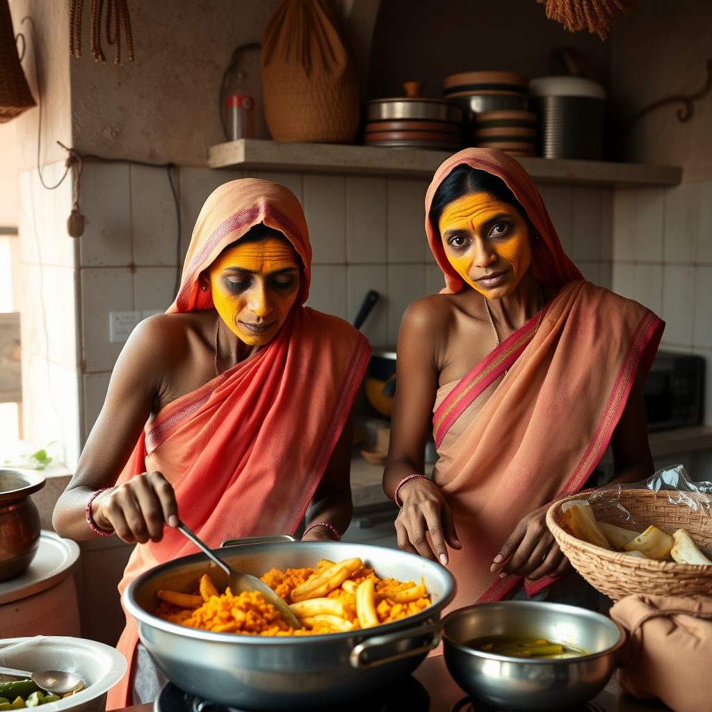 2 skinny, 30-year-old Indian maids. They are cooking food in the kitchen. Their face is covered with a turmeric face mask.