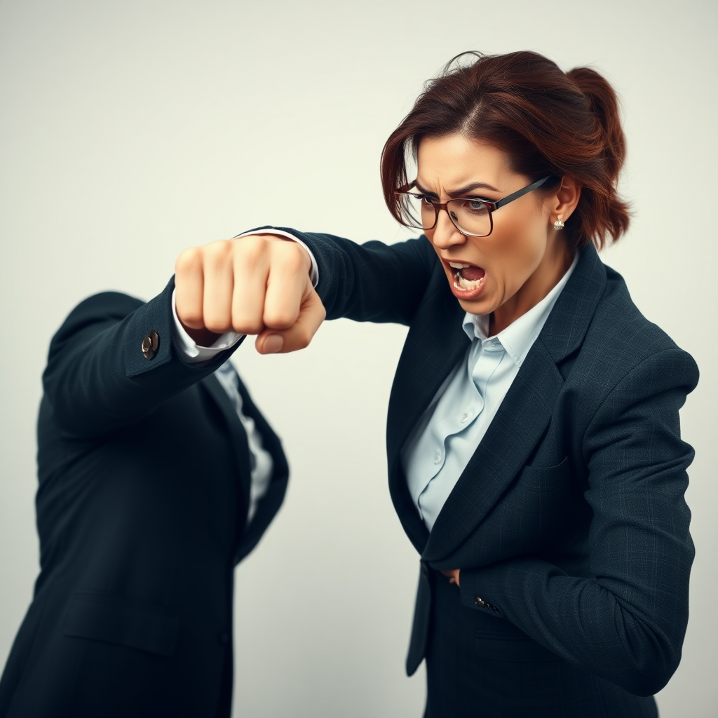 Mature attractive business woman punching a man in the face, the fist is hitting his angry face and making strong impact, he looks visually disturbed, her fist is physically touching his face as she is knocking his teeth out.