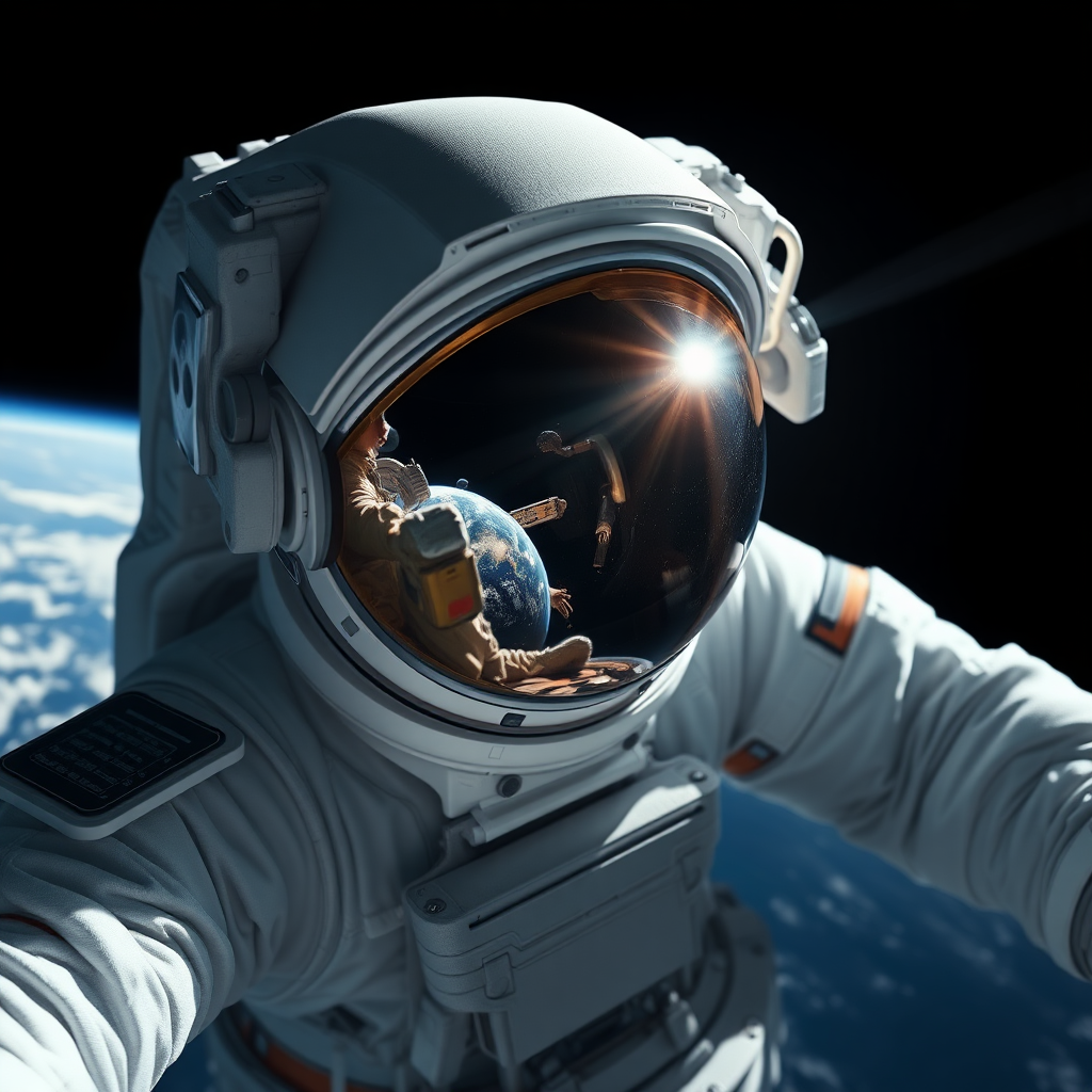 Astronaut in a white spacesuit, floating in space, with Earth in the background. The scene captures a hyperrealistic view showcasing the intricate details of the suit, including textures and reflections in the visor. The visor reflects another astronaut and elements of the spacecraft. The background features deep blues and whites of Earth and the vastness of space, with a dark, almost black, void surrounding it. Bright sunlight highlights parts of the astronaut's suit, creating stark contrasts and emphasizing the details. Include hints of light shimmering off the helmet and the colors of the spacecraft against the cosmic backdrop.