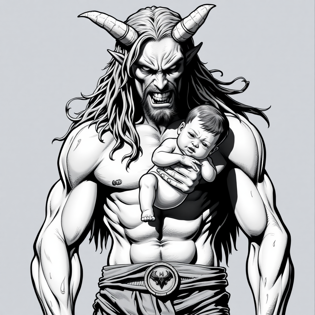 shirtless long hair demon man carrying baby, dc comics style, colorless