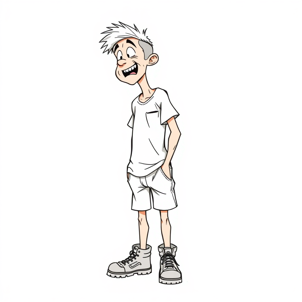 nervous small 15 year old european skinny man, short white t-shirt, standing, stunned, mesmerized, joyful, heavy drooling, underwears, heavy round stuff in his pocket, side view, safety shoes, detailed feet, 2D, caricature, cartoon, Sketch lines, coloring book, coloring book,