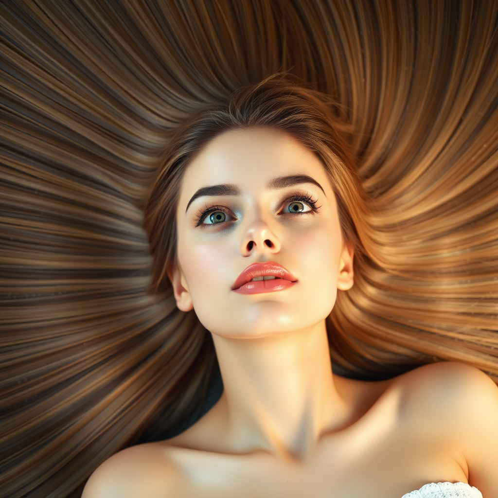 A beautiful woman laying on her back staring up at the camera. Her very long hair meticulously fanned out in a geometrically precise semicircle to display its length and beauty.