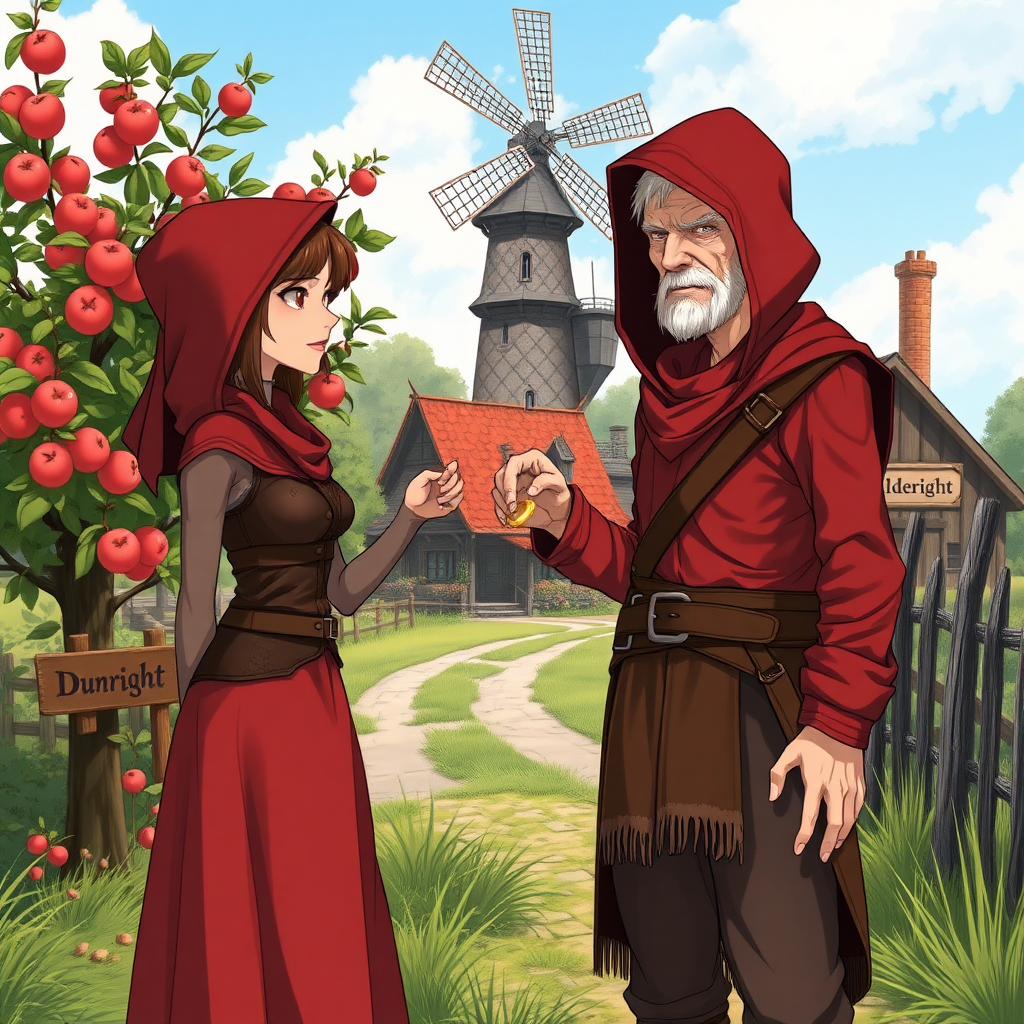 A wide distance shot of a pretty female adventurer in subtle red leather clothing with a hood, standing next to a thin, short, frail clean-shaven old farmer wearing rags and who looks ill. She is holding a gold ring towards him but he waves it away. Apple trees surround a pastoral fantasy house near a road to "Dunright". A fantasy village and mage tower with windmill in the distance. Cute anime style.