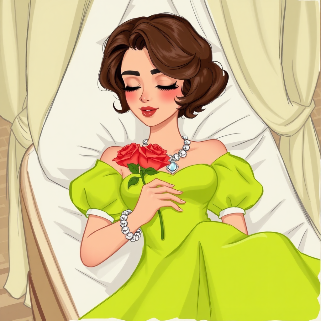 Disney sketch of an alluring, feminine 19-year-old Pakistani prince with short wavy brown hair in a bob with ringlets, rose lipstick, rose blush, long eyelashes, narrow face, wearing a lime green off-shoulder puff sleeve dress with a flowing skirt and white sleeves and a diamond festoon necklace. Sleeping in a funeral bier, eyes closed holding a rose, the bedroom is covered by a large curtain in a palace room as the beauty rests forever in a deep death-like sleep.