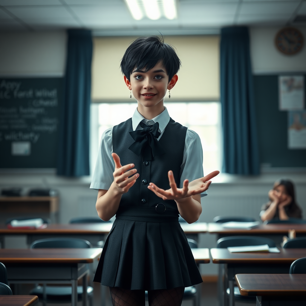 photorealistic, ultra high resolution, 16K, surreal fantasy, soft studio lighting, a pretty 17 year old goth male, slim male physique, short dark hair, blue eyes, goth makeup, earrings, sheer pantyhose, UK girls-school uniform, Mary-Jane shoes, standing in the classroom delivering a talk, excited smile, facing the camera.