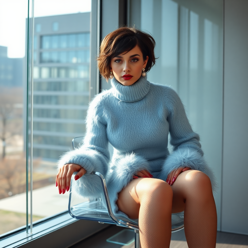 Sunny spring morning, modern glass-steel-concrete office, sitting on glass chair at wall, waiting for the master: O., European 17 years old very convincing femboy “trophy-bimbo”, tamed servile docile, very beautiful feminine flawless face, rather short boyish figure, dark short tight curls, bold red lips, heavily made-up face, long French nails, wearing Supertanya-style chunky fluffy very fuzzy light blue plushy mohair figure-hugging turtleneck-knitdress with wide tight fluffy hem and fluffy wrists, white vinyl anklet-boots with golden heels, mesh pantyhose, pearl earrings, serious, leaning forward presenting her assets, arrogantly looking at camera.