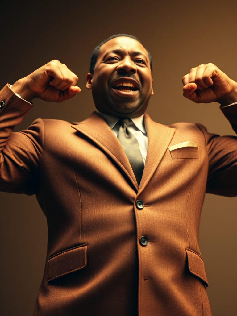 full body shot of an extremely muscular Martin Luther King, wearing a full brown tweed suit, flexing so hard that the suit seams are starting to burst, his teeth are gritted, straining, sweating, muscular, color