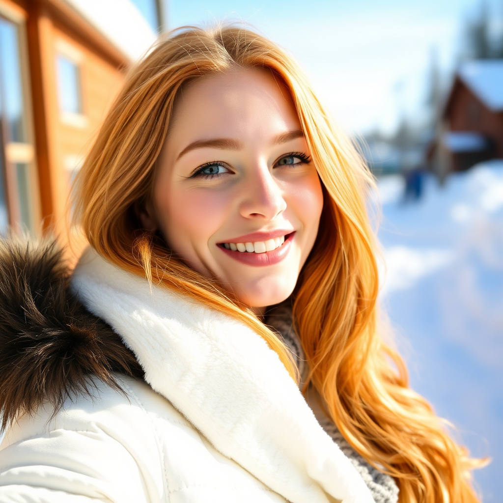 beautiful young woman with lush ginger cherry blonde long hair, full lips, on Alaska Anchorage happy in sunny snow