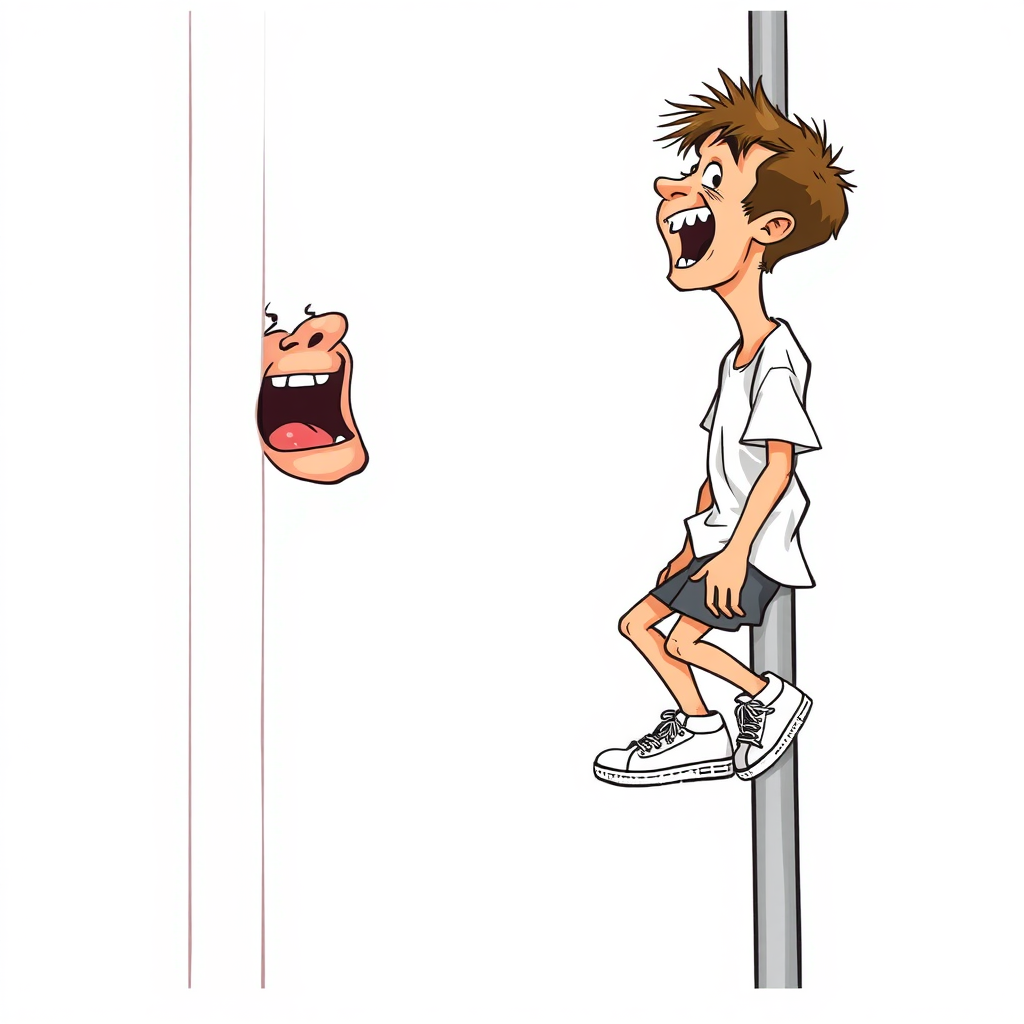 nervous short 20 year old european skinny man, short white t-shirt, standing, stunned, mesmerized, joyful, aroused, heavy drooling, heavy sweating, climbing a high pole, side view, sneakers, detailed feet, 2D, caricature, cartoon, Sketch lines, coloring book, coloring book, colorful image,