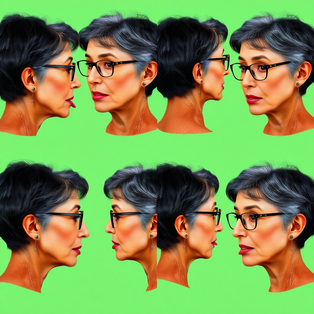 Photorealistic image of six headshots of a 50 Years old, fit, European, Latina, sharp aquiline nose, wrinkles, high cheekbones, Middle Eastern, Skinny, Tanned skin, Dark light skin, full Makeup, jewelry, Sharp nose, exaggerated expression, licking her lips, mouth open, dark grey Ash hair, short bowl haircut, Brown eye color, Glasses, with detailed features. Each photo displays the same face in back, profile and front view, cut out and isolated on a green background. All six heads are visible side by side, empty space around each view, no overlapping.