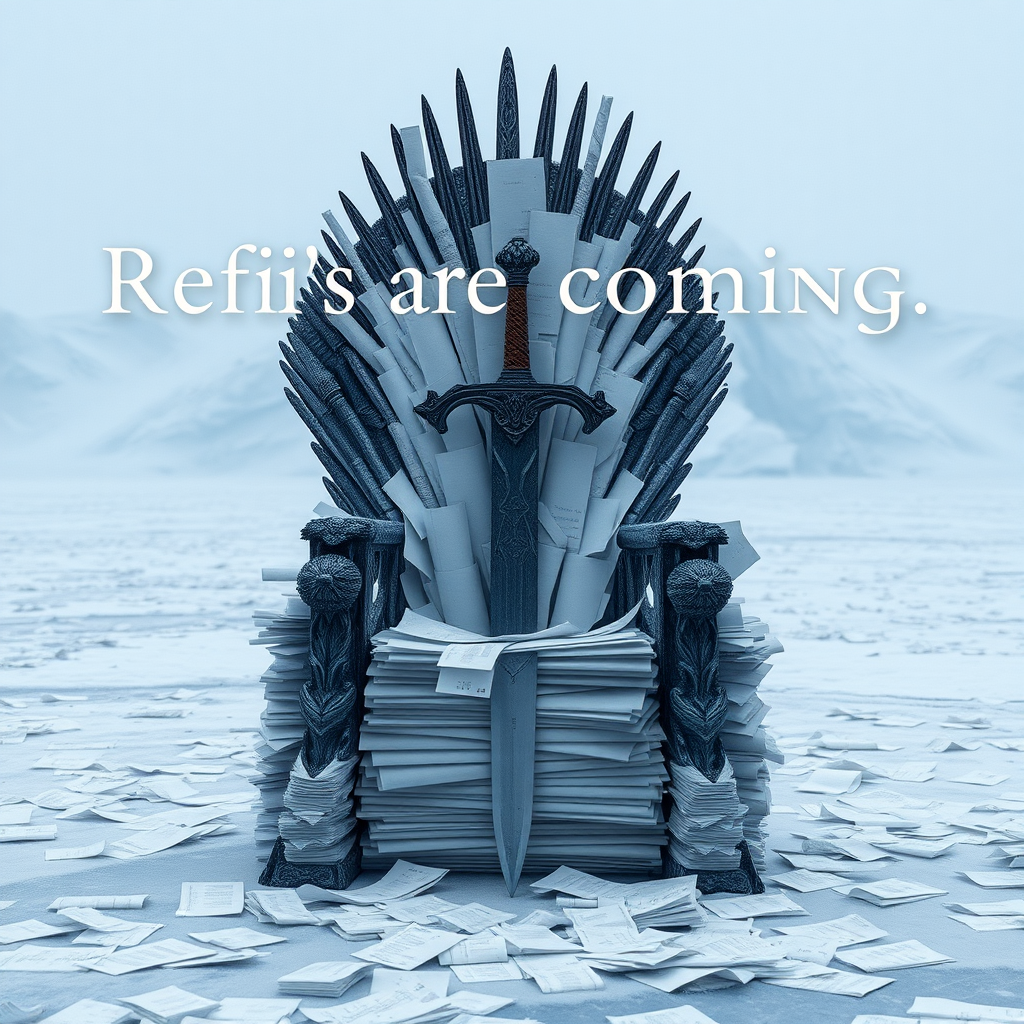 A legendary movie scene in Antarctica depicting the game of thrones sword chair made out of stacks of paper. The text in the background says Refi’s are coming. Epic theme and high quality cinematic elements. No animals or people. Winter storm, epic legendary shot. Stunning visuals. Papers are scattered across the frozen ground.