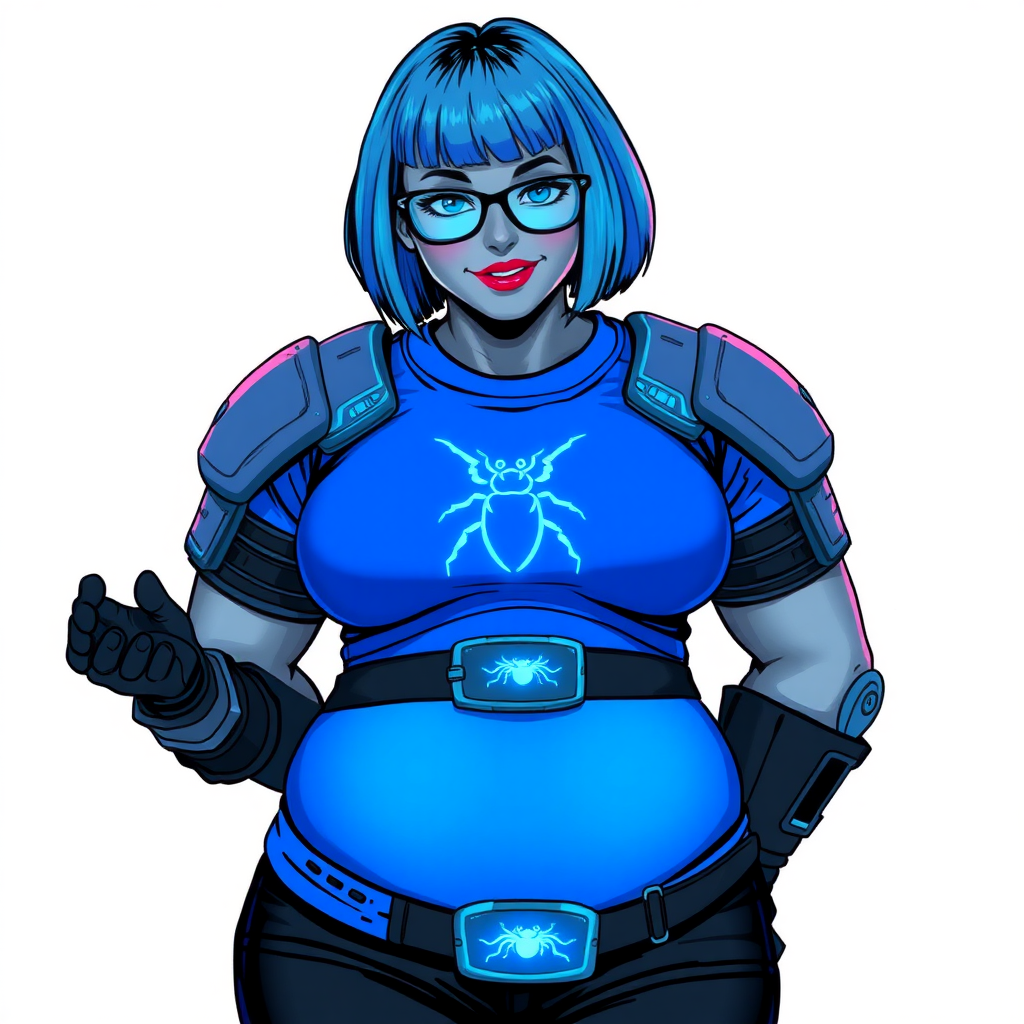 A 28-year-old, full-figured, metallic middle gray skinned cyberpunk computer program hybrid with a short maximum blue bob cut. She has a non-athletic build, highlighted by a prominent, round midsection (with a focus on her round belly). As a digital sidekick to her cyberpunk vigilante boyfriend, her middle gray metallic skin and maximum blue lipstick emphasize her digital nature. She wears a digital, computerized costume consisting of a huge, tight-fitting, neon blue glowing armored, maximum blue t-shirt (accentuating her belly) with a neon blue glowing chest icon of a beetle, black pants, a black belt with a neon blue glowing digital beetle buckle, and black hi-tech gloves. Her bright blue eyes, black eyeglasses with lenses glowing bright neon blue, and shy smile with neon red blush accentuate her nerdiness. She bashfully bows her head (while still facing the screen) with her hands behind her back; her t-shirt covers her midsection (especially her belly) and emphasizes her full-figured, non-athletic physique. She is on a solid white background. She is drawn as if she was in a retro 2D cyberpunk fighting game. She is clearly non-athletic, with a focus on her full figure. Make sure her outfit covers all of her bare skin (especially her midsection).