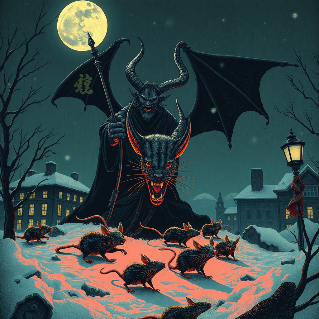 Demon rats invading Boston, Satan, blizzard, Chinese woodcut