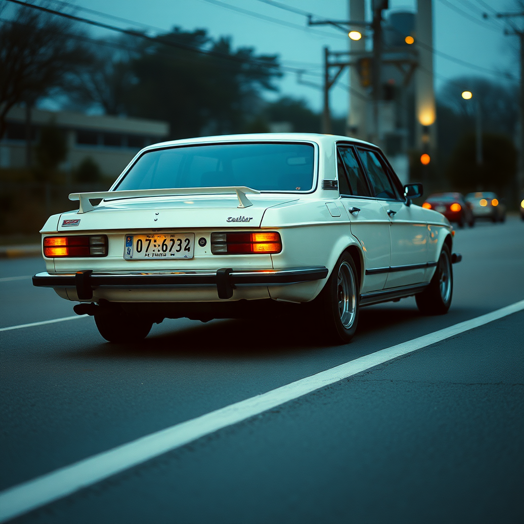 the car is parked on the side of the road, inspired by Taiyō Matsumoto, tumblr, restomod, nd4, c4 a white car is driving down the street, a picture, unsplash, shin hanga, 70's, looking regal and classic, fuji lut, poorly lit, mazoku, devils, lada, lowres, iso 500, backlighted, foam, vehicle photography, frank fanzzeta, 1 2 k, japanese, single light, basic, italian masterpiece