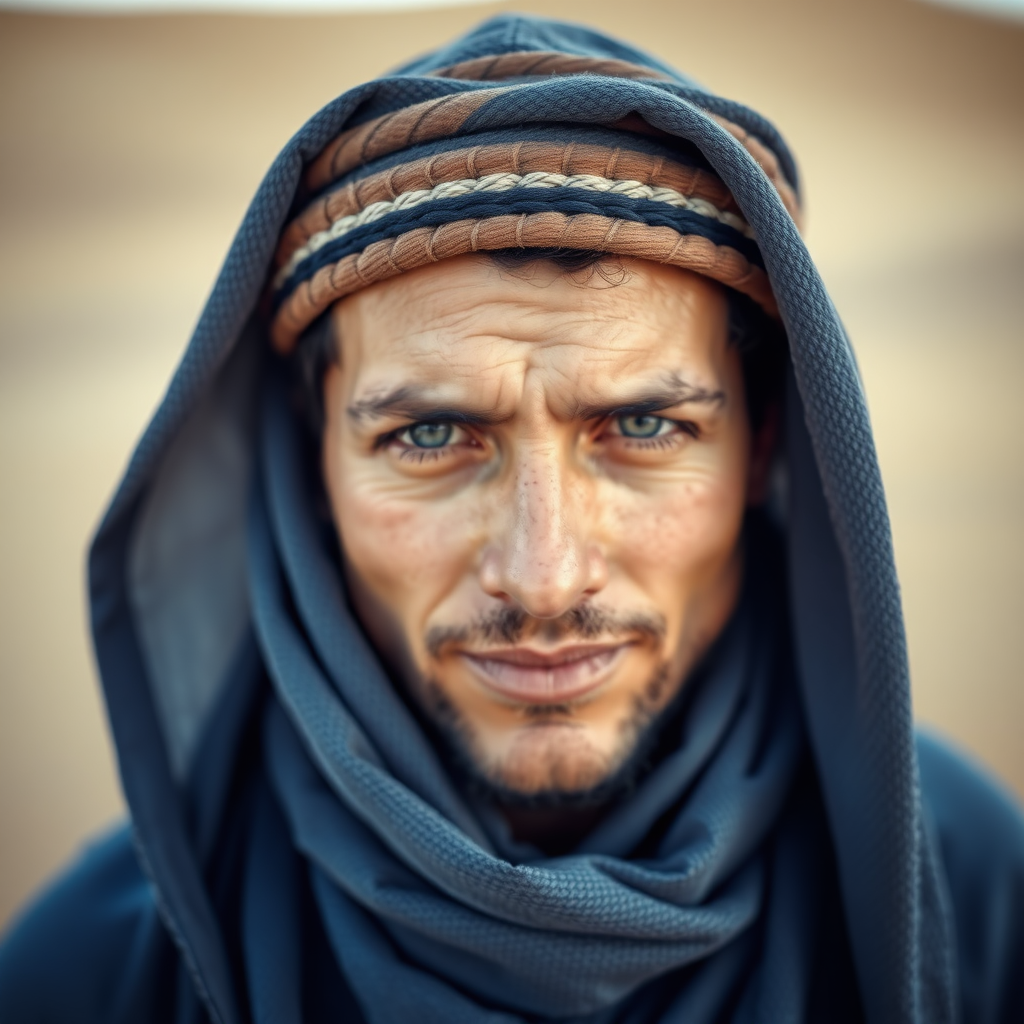 the face of a person who is in the desert and wearing a djellaba