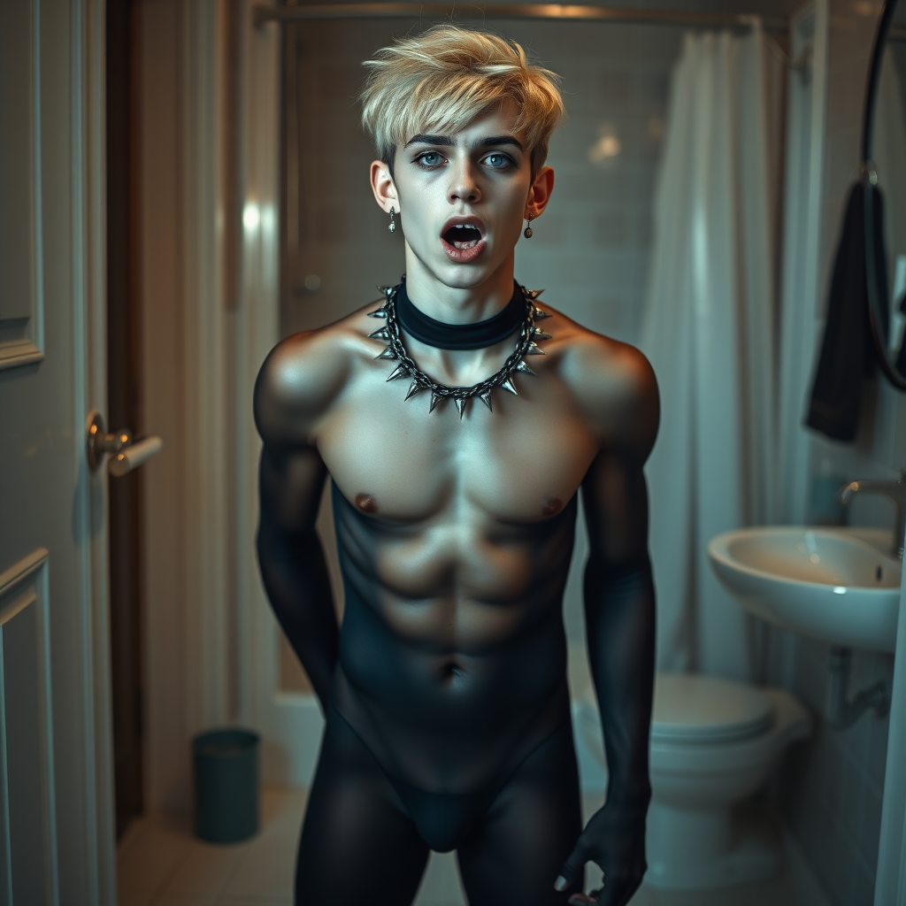 photorealistic, ultra high resolution, 16K, surreal fantasy, soft studio lighting, Caleb Swift is a pretty 16 year old goth male, slim male physique, blonde hair, blue eyes, goth makeup, earrings, black pantyhose body suit, spikey neck collar with chain, standing on the floor of the bathroom, excited mouth, bulging crotch, full body front view of Caleb facing the camera.