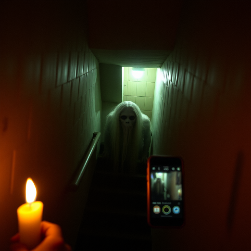 the thing in the basement peaking in from below the stairs, creepy, horror, monster, looking around corner, viewer looking down staircase, bad quality phone camera, candlelight,