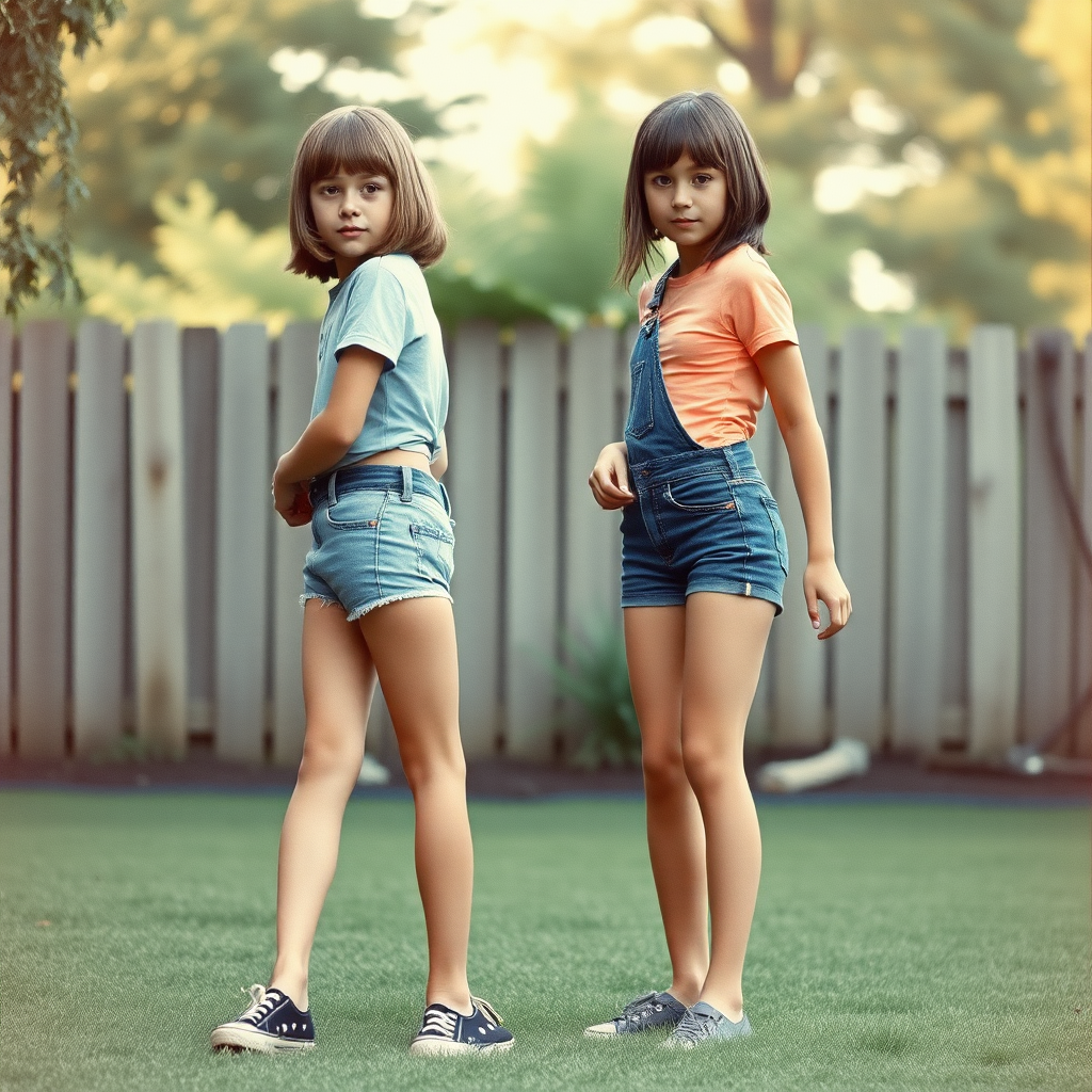 two tall 14yo teen boys, long hair bob cut, wearing crop t-shirts and very tight booty shorts or denim tight booty Shortall, long legs, narrow thighs, full-length front view. 1970s. Playing at backyard.
photorealistic, ultra high resolution, 16K,
Negative: grainy, blurry, bad anatomy, extra limbs, watermark.