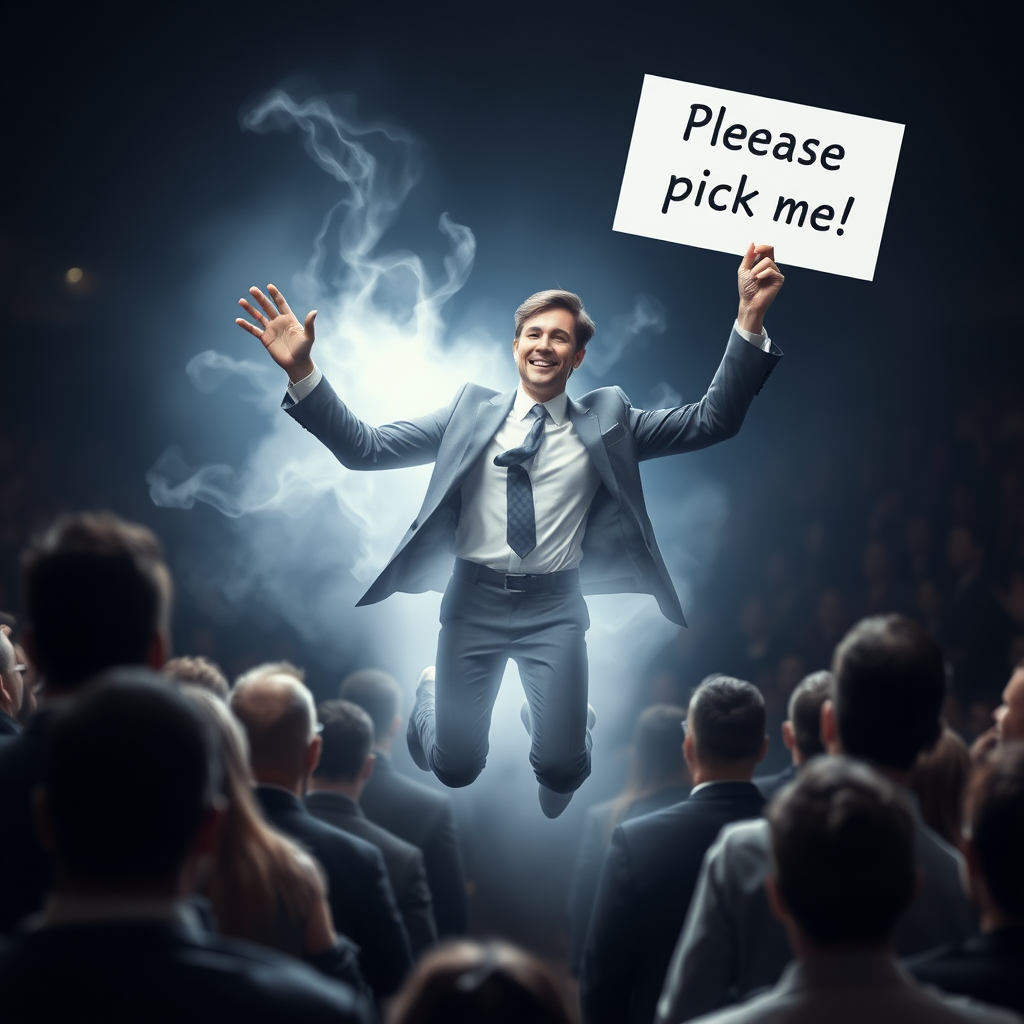 An ethereal mystic businessman eagerly jumps out of a crowd raising and waving his hand. His other hand holds a sign that reads "Please pick me!"