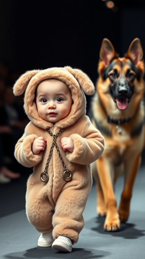 A cute small chubby fair baby with big eyes, pink lips, and pink cheeks wearing a furry cozy dog costume doing a ramp walk in a fashion show, walking alongside a real German Shepherd dog, with the baby holding the dog's collar chain in a cinematic style.