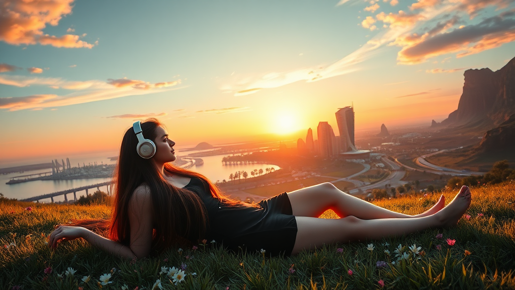 pretty azian woman long hair, pretty short black dress, lay down on the grass with flowers, with headphone, alien planet, aliens buildings, with nice greenery flowers and rivers, beach, nice sunset, highways and streets, ultra realistic view high detail