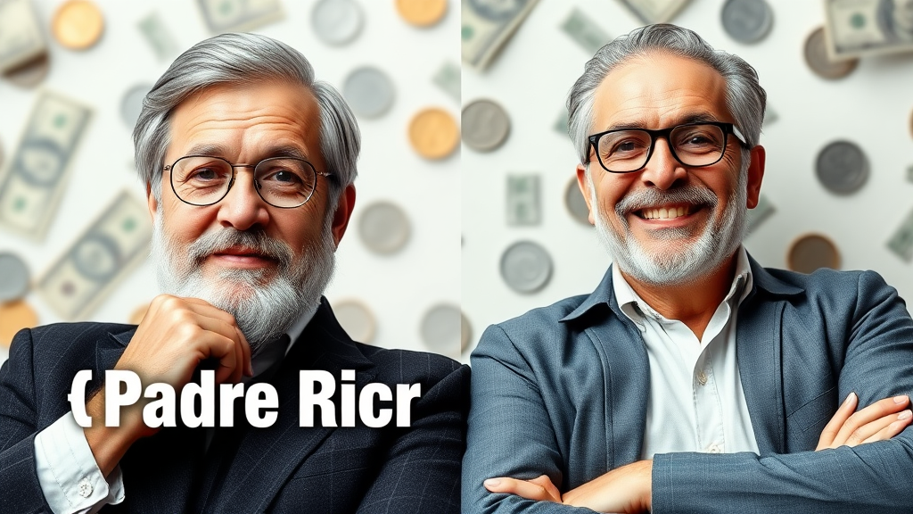 Design a YouTube thumbnail focusing on financial lessons. The thumbnail should show two contrasting images of father figures—one representing traditional views on money (serious, formal), and the other symbolizing wealth-building strategies (relaxed, confident). Use a split-screen style to emphasize the contrast. Include bold, minimal text that says: '¿Padre Rico' 'Padre Pobre?' in large, clear font. The background should include elements related to finance like cash, coins, or graphs, without overwhelming the viewer. The tone should be motivational, engaging, and educational.