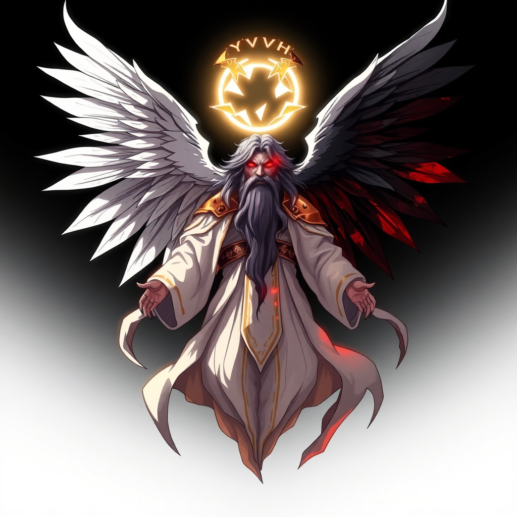 (Anime styled art) Black background of a divine yet sinister figure, floating ominously in mid-air. The being, known as YHVH, radiates both light and darkness, with four angelic wings on top and two demonic wings on the back. A shattered halo hovers above its head, casting a fractured glow. Dressed in flowing robes of white, gold, and black, the figure's long beard sways gently in the air. Its fiery ember eyes burn with a wrathful intensity, exuding a presence both holy and malevolent.