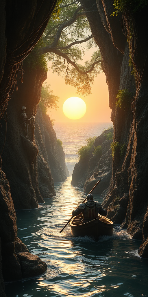 epic cinematic film low angle with interesting cliff rock formations with overhanging trees and vines with ruins. a wounded knight navigating in the river in between cliffs with trees and foliage, hanging from the vides and on the rock walls, skeletons and armor of dead warriors, revealing the ocean in the background with a big sun in low in the horizon, sunset. Movie matte painting