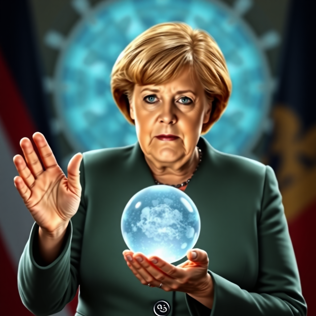 realistic Angela Merkel with a crystal ball in hand