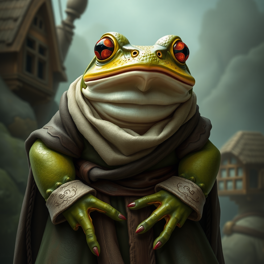 Anthropomorphic frog in a medieval setting and clothing, head to toe view