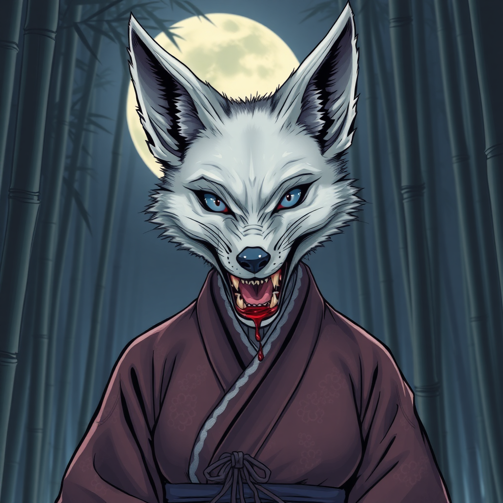 comic style eerie-looking silverfox with blue eyes in a ancient female Korean big breasted hanbok with baring teeth with blood on the fox teeth, in front of the full moon in a bamboo forest