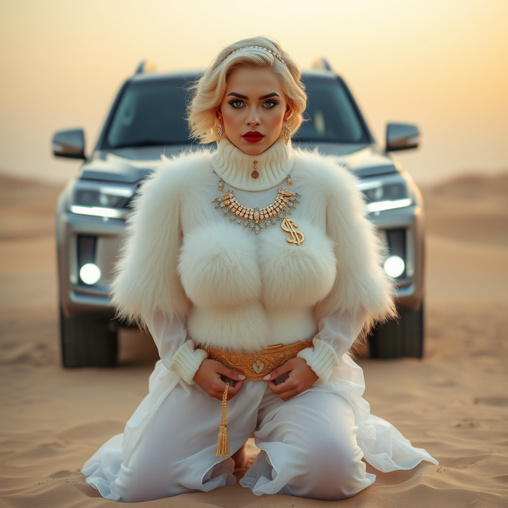 Kuwait desert dunes misty dawn, full size luxury SUV: Melissa, European 17 years old very convincing femboy “trophy-bimbo”, tamed servile docile, very beautiful feminine flawless face, rather short, by hormones very curvaceous womanly figured, platinum blond short tight curls, bold red lips, heavily made-up face, wearing Supertanya-style fluffy very fuzzy bright white angora turtleneck-poncho cropped ending under bust decorated with pearls and gemstones, striking oriental wide gold bridal protection belt, white fully transparent harem pants, full Oriental bridal jewelry including headpiece, nose-ring, coin anklets, striking diamond “$$$” letter brooch on left chest, pout frustrated, hands tied behind back, kneeling in sand in front of SUV, looking at camera. Focus on face and turtleneck-poncho.